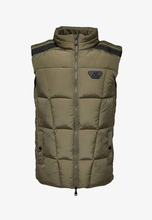 Oliivroheline ilma varrukateta puffvest, millel on tikandimuster, kõrge krae, ees lukk, mustad õlavarre aksessuaarid ja küljetaskud.