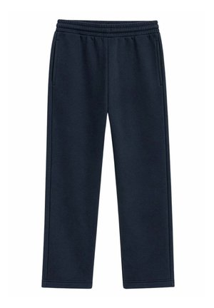 Pantalones deportivos azul marino de pierna recta con cintura elástica y bolsillos laterales, hechos de tela suave.