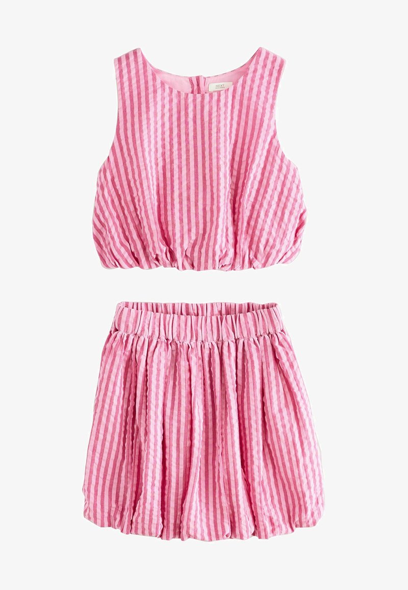 Ensemble composé d'un haut sans manches rayé vertical rose et rose clair et d'une jupe assortie avec ourlets élastiqués froncés pour filles.
