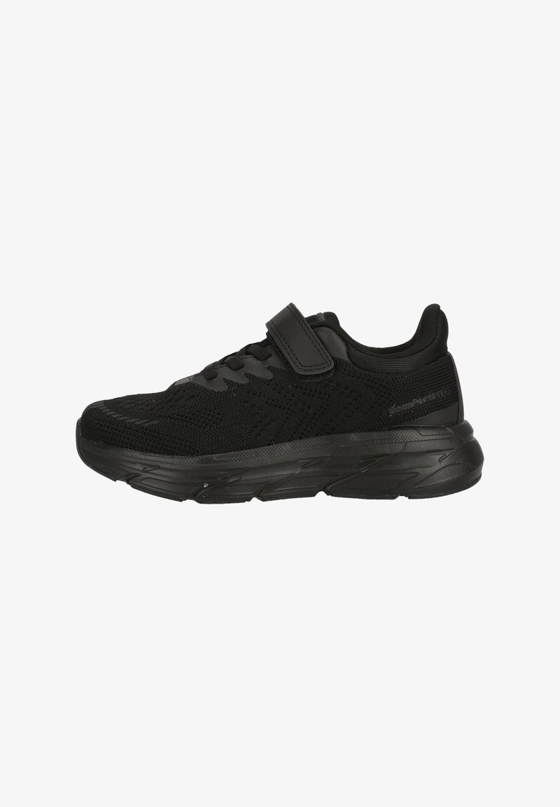 Schwarzer Sportschuh mit einem atmungsaktiven Strick-Obermaterial, Schnürverschluss und Klettverschluss. Gepolsterte Laufsohle mit strukturierter Oberfläche.