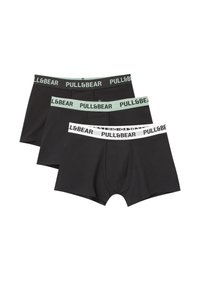 Set de boxeri negri, confecționați dintr-un material moale, cu brățări elastice inscripționate cu marca "PULL&BEAR", dintre care unul este verde mentă și două au accente albe.