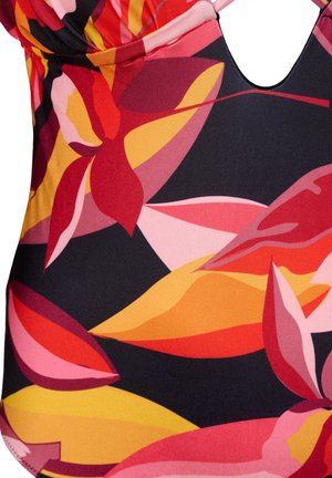 Yhden palan uimapuku, jossa on tumma tausta ja kirkkaat punaiset, vaaleanpunaiset ja keltaiset lehtikuviot. Sileä kangas, jossa on kevyt kiilto.