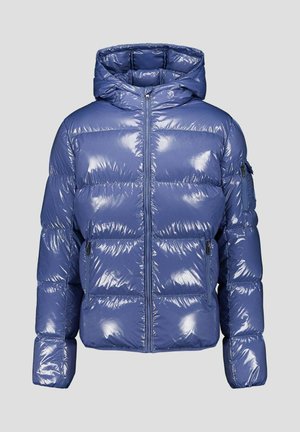 Blauwe glanzende pufferjas met capuchon, voorzien van een ritssluiting aan de voorkant en zakken, een doorgestikt patroon en elastische boorden.