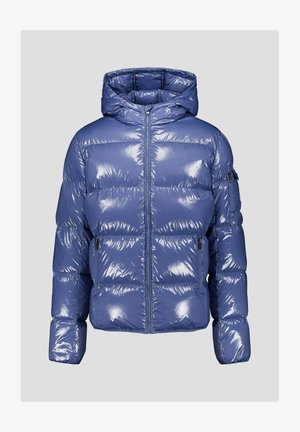 Chaqueta azul brillante acolchada con capucha, con cierre frontal y bolsillos con cremallera, patrón acolchado y puños elásticos.