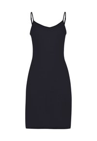 Svart, knälång klänning med tunna band, V-ringning, åtsittande passform och slät textur; tillverkad av stretchigt material.