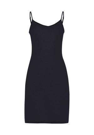 Musta, polvipituinen mekko ohuilla olkaimilla, V-pääkohdalla, muotonsa mukaisesti sopiva ja sileä tekstuuri; valmistettu joustavasta materiaalista.