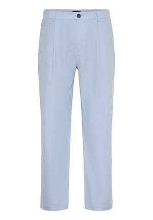Light blue linen trousers with a straight leg design, front pleats, and a single button closure. Smooth texture and no visible patterns.