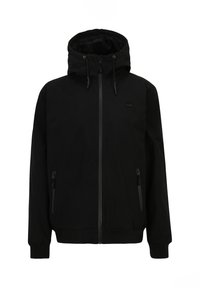 Felpa nera con zip, cappuccio con lacci, tasche laterali, polsini a coste, tessuto morbido e marchio minimale sul petto.