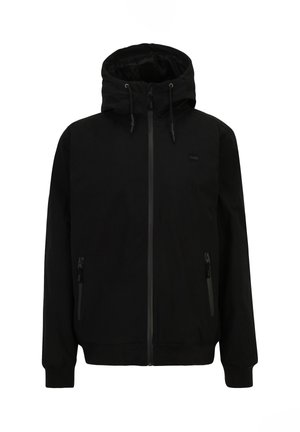 Schwarze Zip-Hoodie mit einer Kordelzugkapuze, Seitentaschen, gerippten Bündchen, glattem Stoff und minimalem Branding auf der Brust.