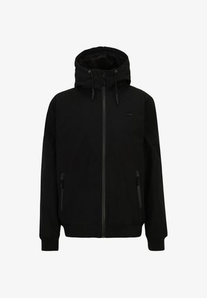 Felpa nera con zip, cappuccio con lacci, tasche laterali, polsini a coste, tessuto morbido e marchio minimale sul petto.