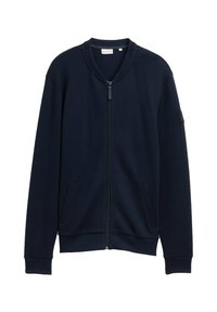 Granatowa bluza zapinana na zamek z fakturowanej tkaniny, z prążkowanymi mankietami i dołem oraz dwiema przednimi kieszeniami. Minimalistyczny design z okrągłym dekoltem.