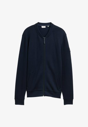 Marineblaue Sweatjacke mit Reißverschluss aus strukturiertem Stoff, mit gerippten Bündchen und Saum sowie zwei Fronttaschen. Minimalistisches Design mit rundem Halsausschnitt.