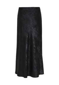 Sort satin midi nederdel med en glat, glansfuld overflade, der fremhæver en subtil glans og en blød A-linje silhuet. Skræddersyet talje. Tøj.