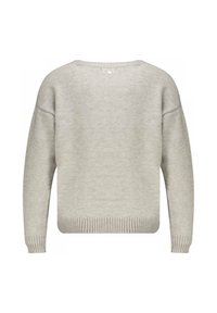 Pull léger gris avec une coupe décontractée, ourlet et détails de poignet côtelés. Présente un col rond et trois boutons au dos.