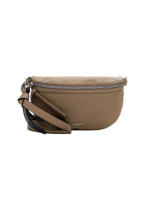 Borsa a tracolla perforata beige con forma arrotondata, chiusura con zip argentata e tracolla regolabile. Presenta dettagli del logo sul lato.