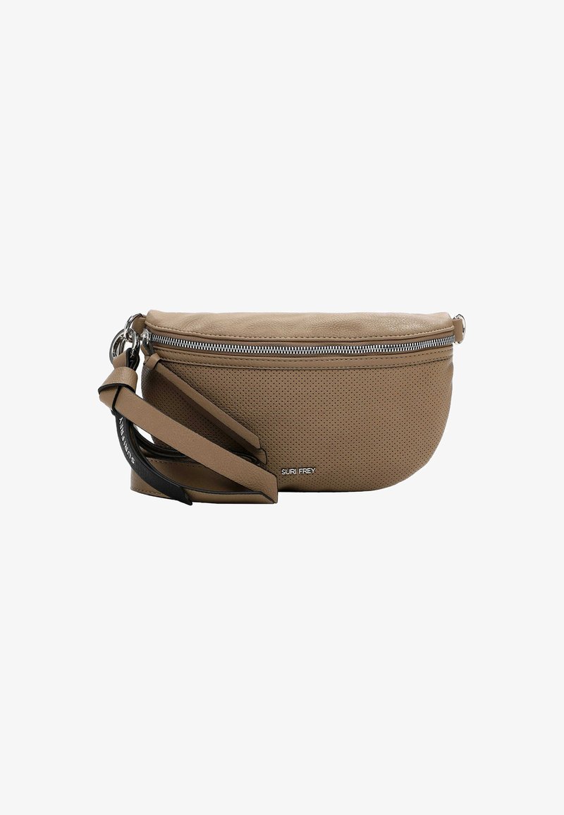 Borsa a tracolla perforata beige con forma arrotondata, chiusura con zip argentata e tracolla regolabile. Presenta dettagli del logo sul lato.