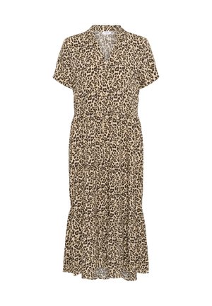 Abito midi con stampa leopardata, maniche corte, scollatura a V e orlo a più livelli. Realizzato in tessuto leggero, presenta una combinazione di colori beige e marrone.