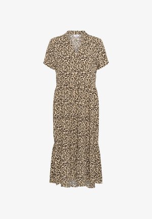 Abito midi con stampa leopardata, maniche corte, scollatura a V e orlo a più livelli. Realizzato in tessuto leggero, presenta una combinazione di colori beige e marrone.