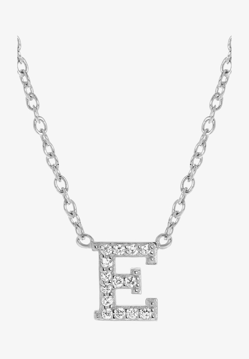 Silberne Halskette mit einem kristallbesetzten Anhänger in Form des Buchstabens "E", ausgestattet mit einer zarten Kette und polierter Oberfläche.