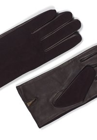 Mörkbruna läderhandskar med en slät yta. Funktioner inkluderar fyra fingrar, en något förlängd manschett och ett mjukt foder på innersidan av handflatan.