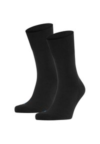 Black cotton socks with ribbed cuffs, medium thickness, and a smooth texture. Features a small blue accent at the toe.