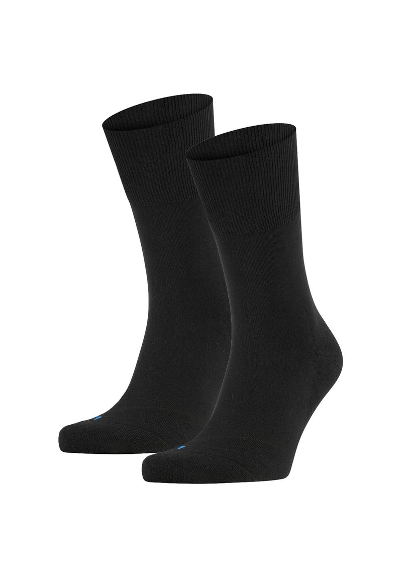 Black cotton socks with ribbed cuffs, medium thickness, and a smooth texture. Features a small blue accent at the toe.