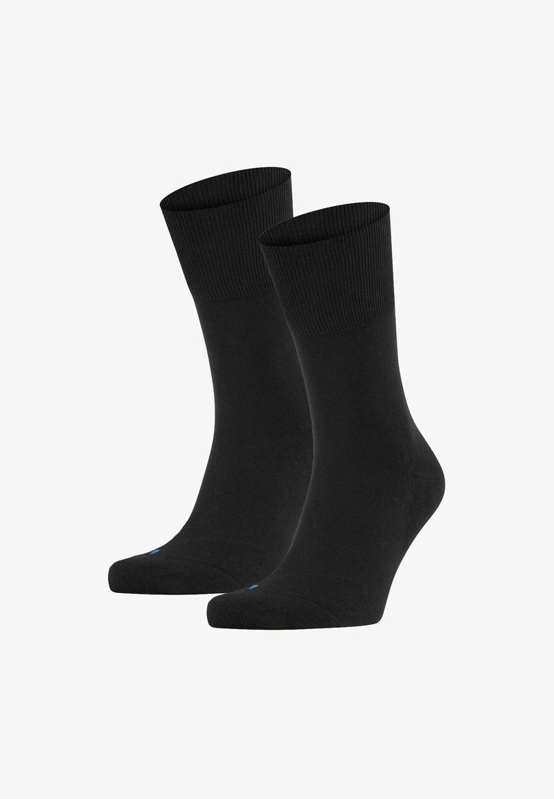Black cotton socks with ribbed cuffs, medium thickness, and a smooth texture. Features a small blue accent at the toe.