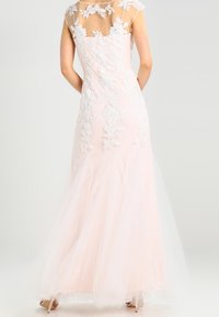 Larga gown rosa con aplicación de encaje floral, diseño de espalda transparente y superposición de falda de tul. Presenta una silueta ajustada y detalles delicados.