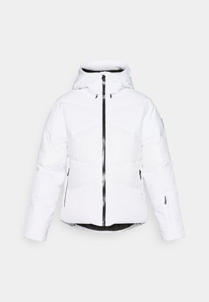 Giacca a vento bianca con cappuccio, dotata di chiusura frontale con zip, dettagli neri e motivi a rombi diagonali sul petto e sulle maniche.