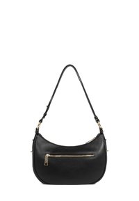 Borsa a spalla in pelle nera con forma curvata, tasca con zip dorata sulla parte anteriore e tracolla regolabile con hardware dorato.
