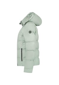 Lichtgroene pufferjas met een capuchon, voorzien van een rond logo op de schouder, een ritszak en een gestikte textuur voor isolatie.