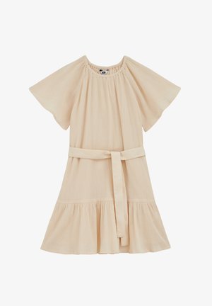 Bež haljina kratkih rukava s nabranu izrezom, pojasom u struku i volanom na rubu, izrađena od teksturiranog laganog materijala.