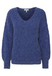 Pull en tricot bleu avec un col en V, des manches longues et une finition texturée. Il présente une coupe ample avec un ourlet et des poignets côtelés.