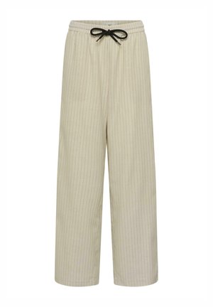 Pantalones beige de corte amplio con finas rayas verticales, cintura elástica y cordón negro ajustable en la parte delantera.