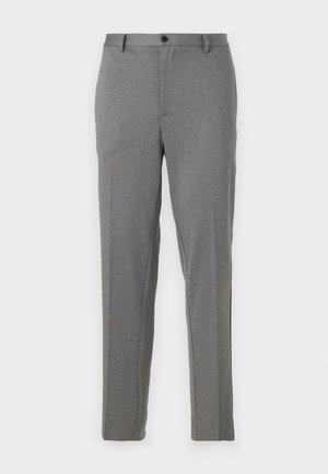 Pantaloni grigi su misura con una texture liscia, motivo leggero, chiusura con zip e bottone, con tasche frontali e gambe affusolate.