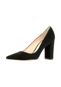 Escarpins noirs en daim à talons hauts avec bout pointu, talon bloc et doublure intérieure lisse. Présentent une silhouette épurée et des coutures minimales.