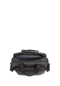 Svart laptopväska med dubbla handtag, dragkedjestängning, texturerad botten och rymligt inre med grå foder. Kompakt och strukturerad design.