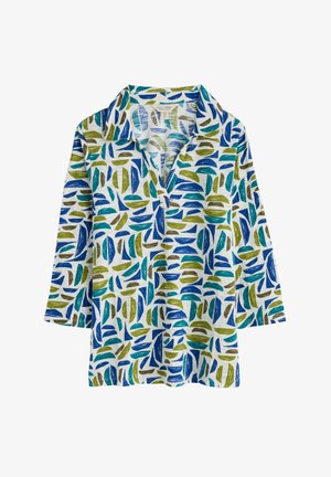 Chemise col mao à manches trois-quarts en blanc, avec un motif de graphiques en forme de feuilles bleues, vertes et brunes ; tissu en coton texturé.