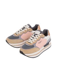 Par obuće od više boja od nubuka i mreže s bijelim vezicama, ružičastim i bež pločama te brendiranim detaljem "Pepe Jeans" sa strane i na jeziku.