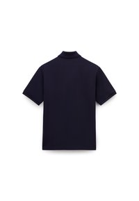 Marineblå polo skjorte med korte ærmer, myk tekstur, standard krage, og ingen synlig merkevare eller mønstre på baksiden.