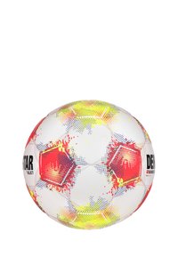 Pallone da calcio con una superficie bianca caratterizzata da vivaci schizzi rossi, gialli e blu, pannelli esagonali e branding nero.