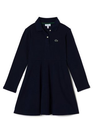 Robe polo bleu marine à manches longues pour filles avec col, patte à deux boutons, jupe évasée et petit logo crocodile vert brodé sur la poitrine.