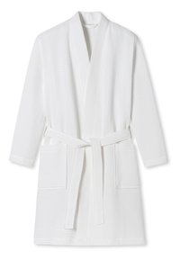 Hvid badekåbe med vaffelmønster, sjalskrave, lange Ærmer, to forlommer og et matchende bælte i taljen.
