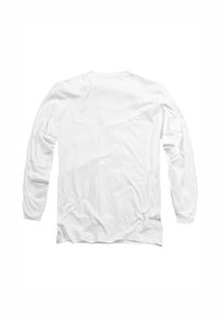 Long-sleeve white T-shirt made of cotton, featuring a round neckline and smooth texture, with gathered fabric at the shoulders.
