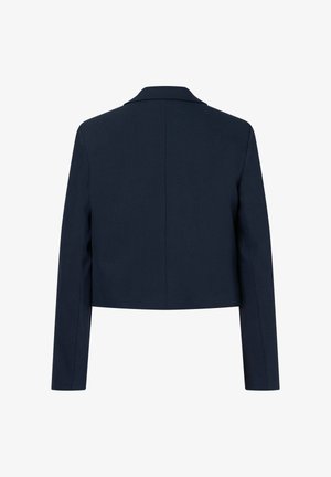Marineblauwe cropped blazer met lange mouwen, een rechte rugnaad en een notchkraag, weergegeven op een effen witte achtergrond.