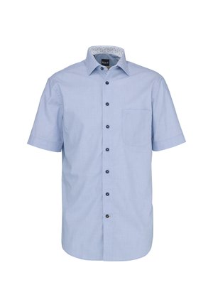 Hellblaues Herrenhemd mit kurzen Ärmeln, Brusttasche und gemustertem Innenkragen.