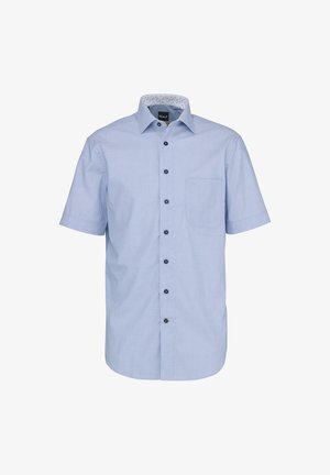 Camicia da uomo azzurro chiaro a maniche corte con bottoni e taschino sul petto, con colletto interno a motivo decorativo.