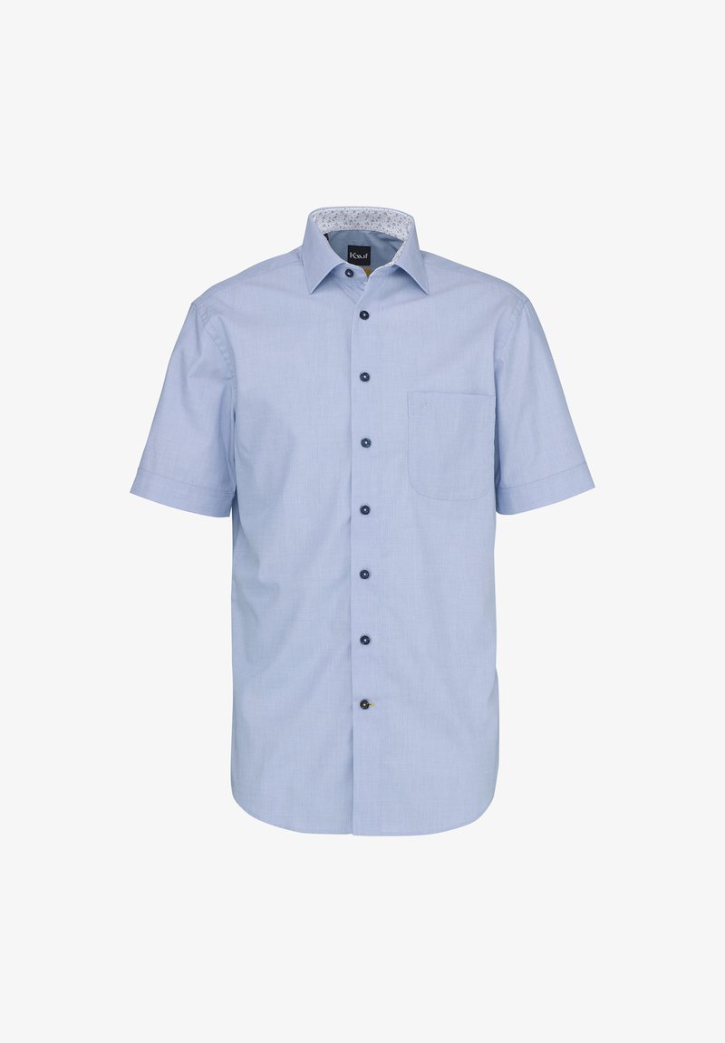 Chemise pour homme bleu clair à manches courtes avec une poche poitrine et un col intérieur à motif.