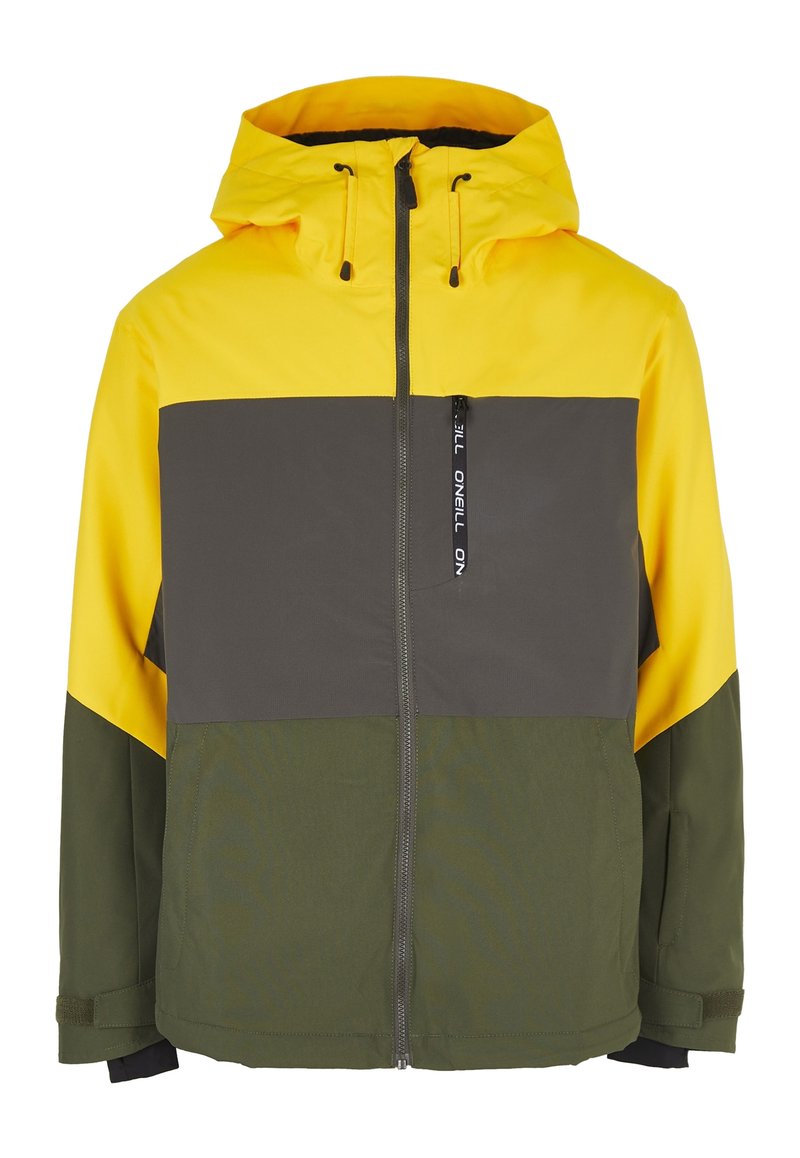Kurtka w kolorowe bloki z żółtą górą, szarym środkiem i oliwkowym dołem. Posiada kaptur, zamek błyskawiczny z przodu oraz regulowane mankiety.