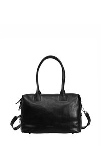 Zwarte leren handtas met twee bovenhandvatten en een afneembare schouderriem. Beschikt over een gladde textuur en een minimalistisch ontwerp.